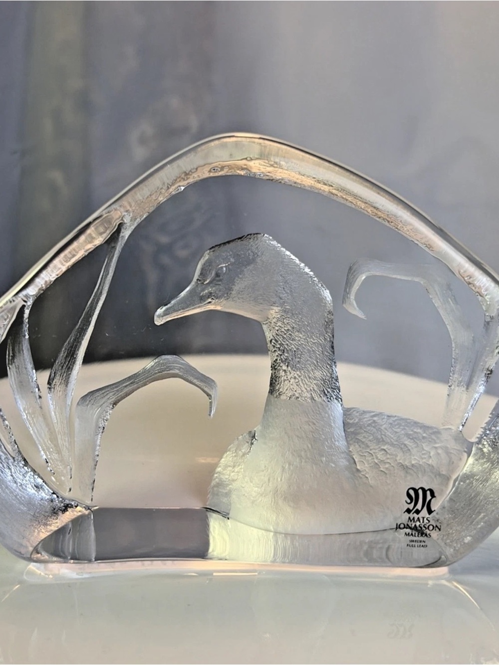 Mats Jonasson Sweden Loon or Duck Crystal Paperweight Sculpture 5”x 3.5" Signed